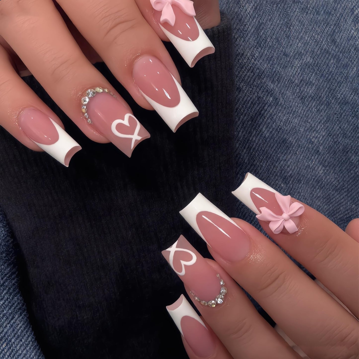 IEORGYIG French Press On Nails 3D Pink Butterfly Bow Heart White Medium-Length Trapezoidal Fake Nails，Reusable Adhesive 24Pcs Nail Kit For Women Manicure