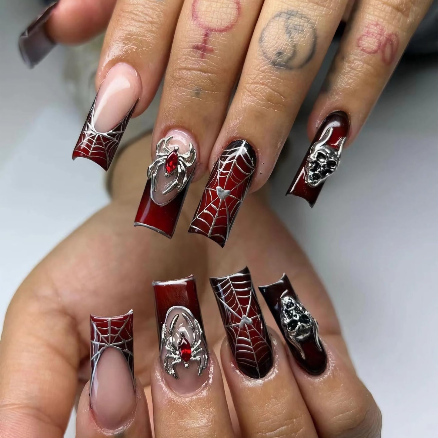 BABALAL Long Square Press on Nails - Goth Dark Black Red Metallic Spider Skull Charm Design Halloween Luxury Acrylic Nails Squoval 24Pcs