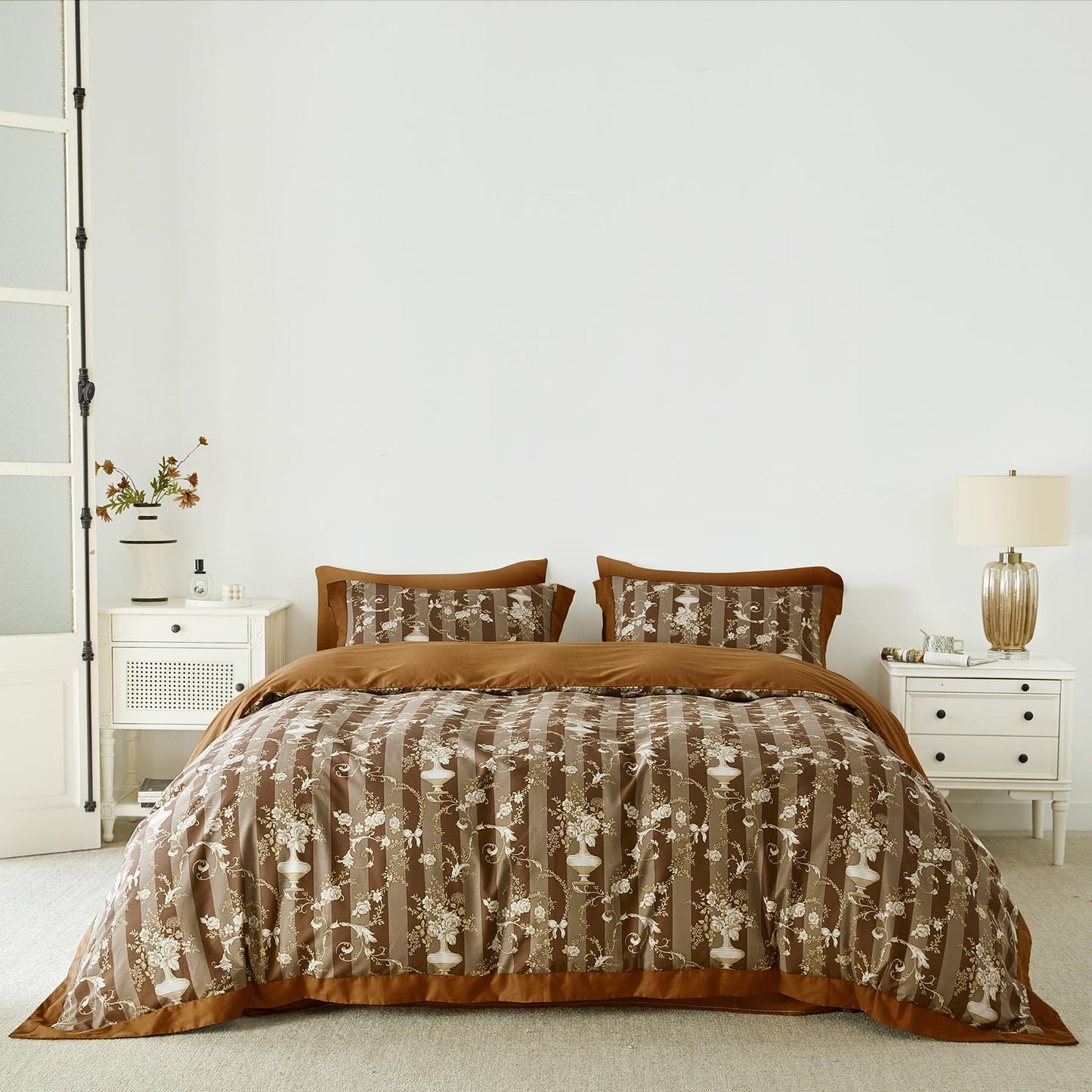 SUSYBAO Boho Flower Duvet Cover Queen 100% Cotton 3 Pcs Set 1 Vintage Brown Floral Duvet Cover with Zipper Ties 2 Pillow Shams Rustic Vase Botanical Chocolate Brown Hemmed Bedding Set Soft