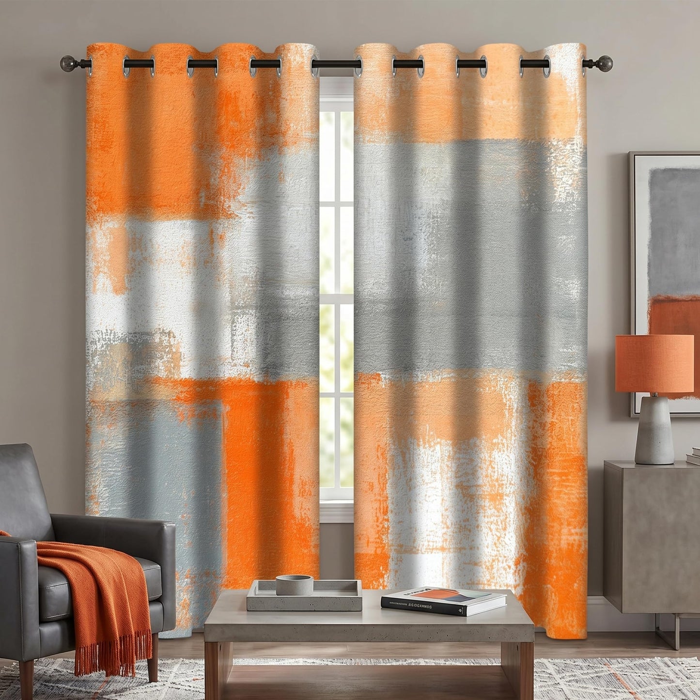 iTapnoom Abstract Orange Grey Blackout Curtains, Beige Aesthetic Art Painting Window Drapes Darkening Grommet Window Curtains for Living Room Bedroom Decor 2 Panels 52"x84" Inch