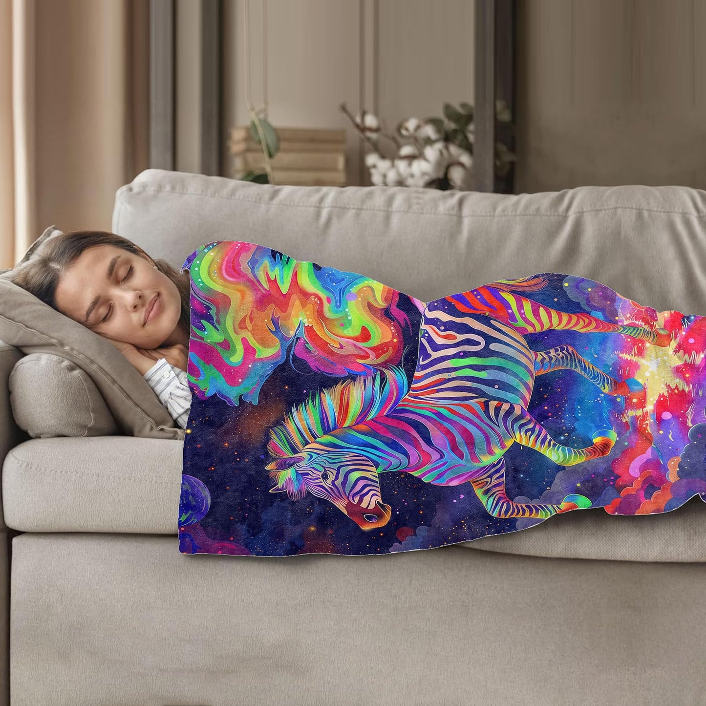 Plistiz Rainbow Zebra Throw Blanket 50"x60", Animals Theme Blankets for Living Room Couch, Home, Sofa Decor, Soft Flannel Zebra Gifts for Women