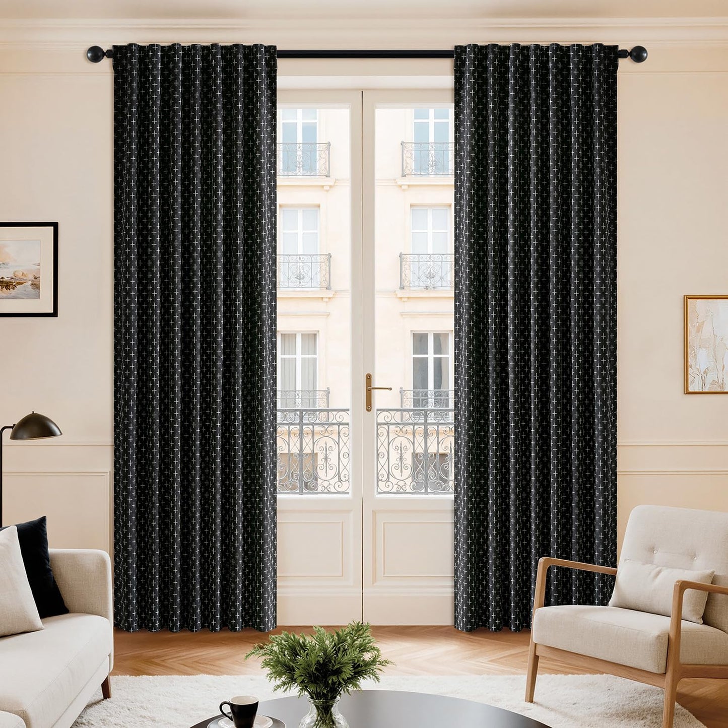 MIULEE 100% Blackout Decorative Linen Curtains with Geometric Pattern, Thick Woven Farmhouse Rustic Patterned Drapes with Back Tab for Bedroom and Living Room, Black, 52 x 84 Inches, 2 Panels