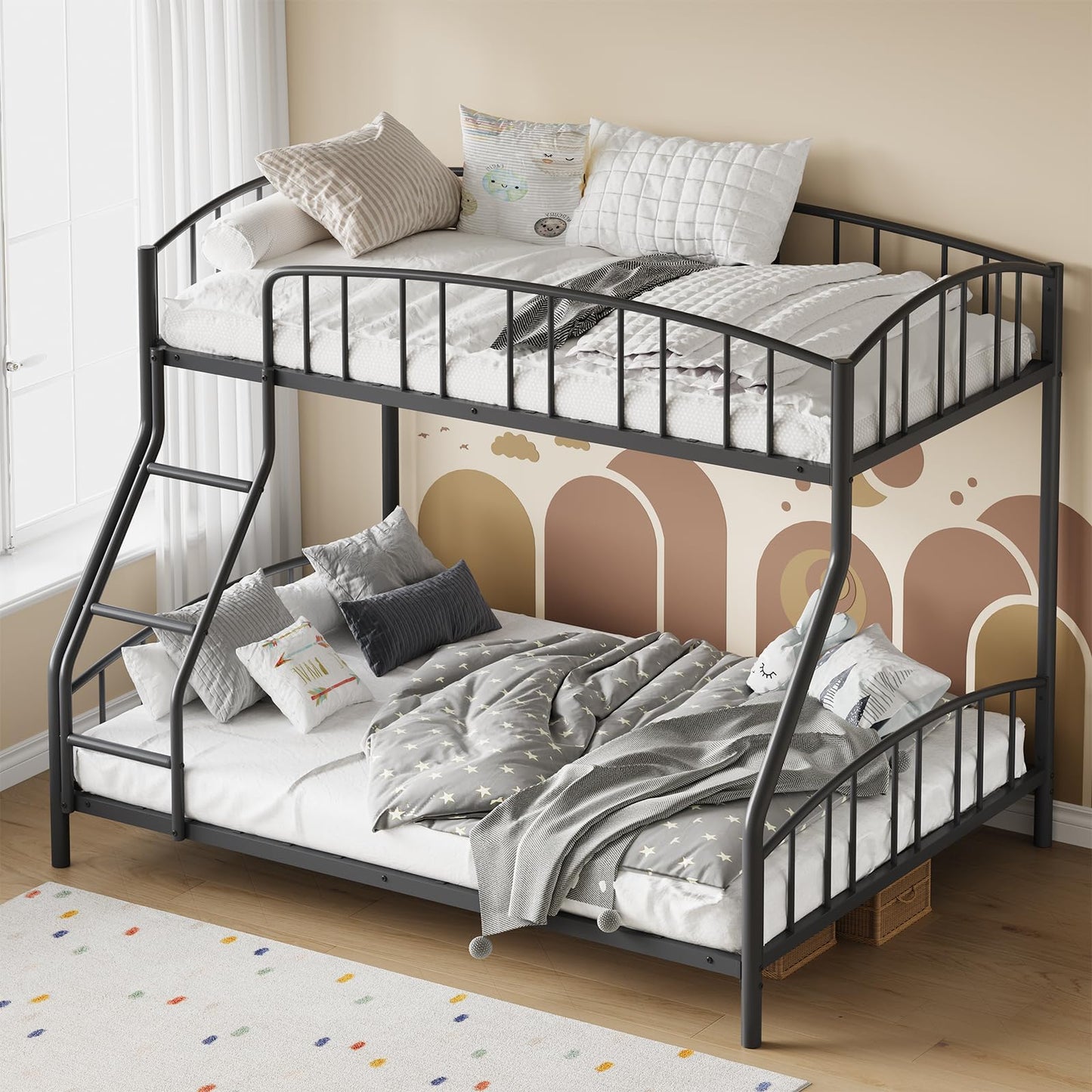 Garvee Bunk Bed Twin Over Full with Ladder and Arched Guardrail, Heavy Duty Bunkbeds Frame with Sturdy Steel Slats Support for Kids Boys Girls, Space-Saving, No Box Spring Needed, Black