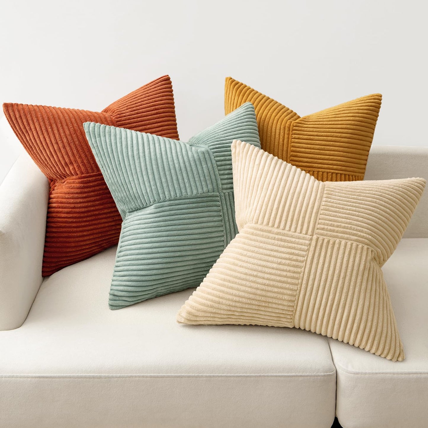 MIULEE Teal Orange Decorative Throw Pillow Covers 18x18 Inch Set of 4 Boho Corduroy Striped Cushion Cases Modern Farmhouse Patchwork Pillow Cases for Couch Sofa Bedroom Home Decor