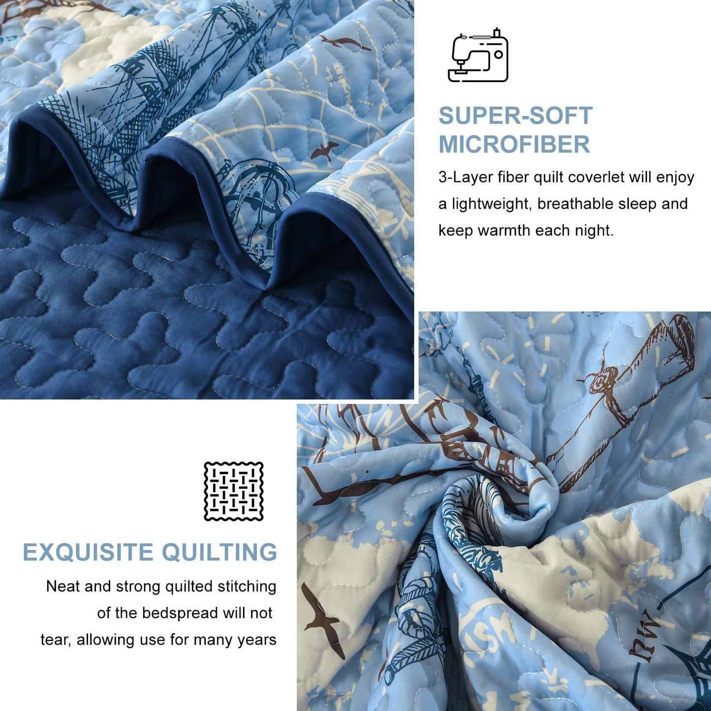 DJY Beach Quilt Set Queen Size,3 Piece Anchor and Sea Horse Coastal Ocean Bedspread Coverlet Set with 2 Pillow Cases Lightweight Soft Microfiber Bedding Set Thin Quilt for All Seasons (96"x90")