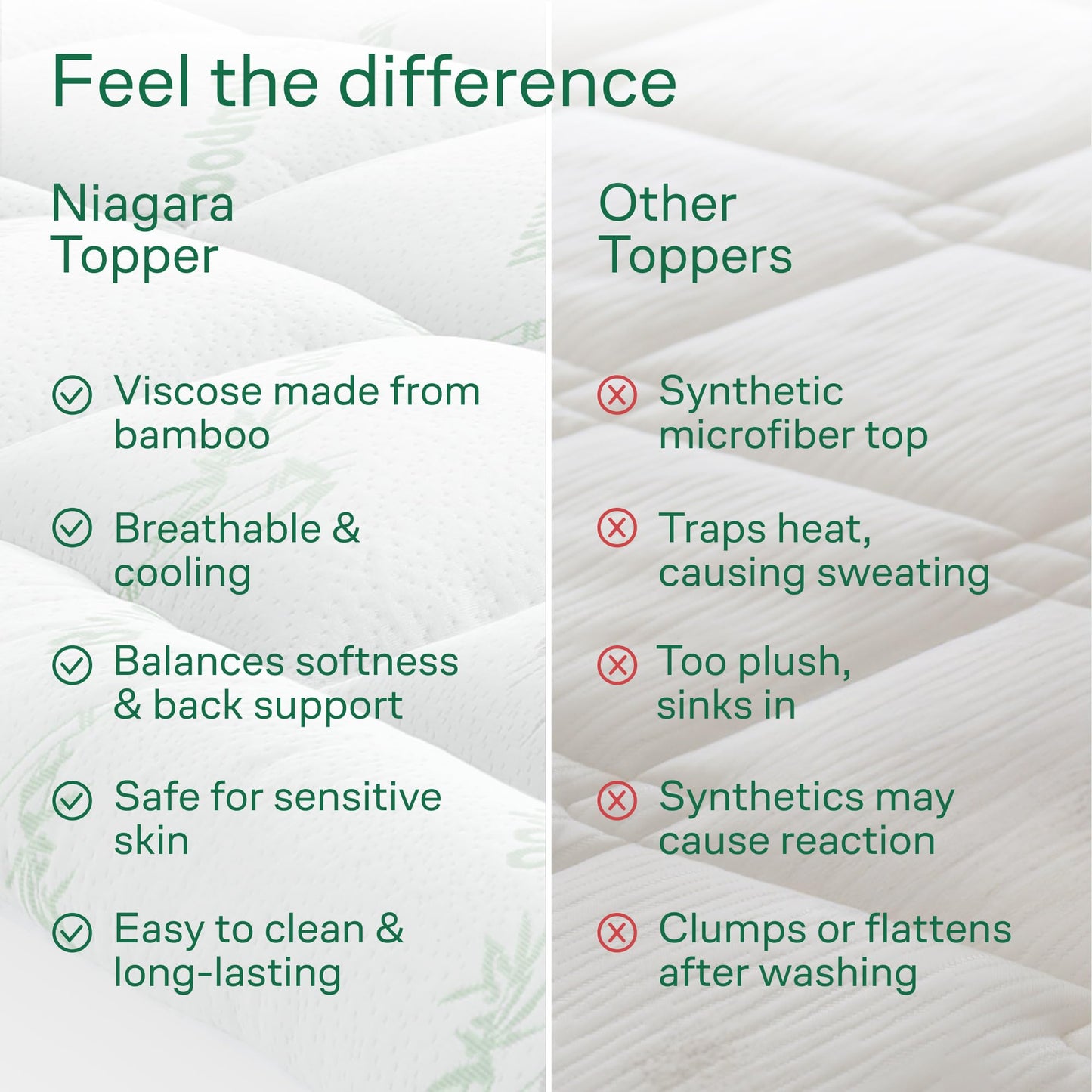Niagara Sleep Solution Ultra Soft Queen Size Mattress Topper - Rayon Derived from Bamboo Pillow Top Mattress Pad for Back Pain Relief - Naturally Cooling for Hot Sleepers, Green