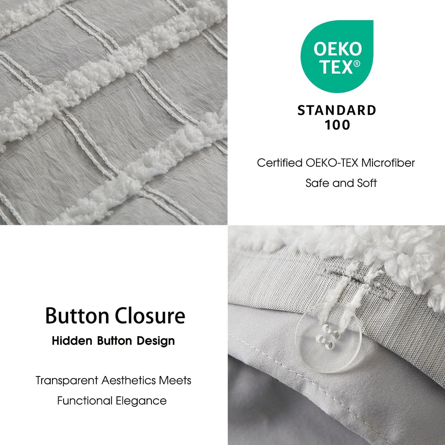 Tufted Boho Grey Stripe Queen Duvet Cover with 2 Pillow Shams, No Comforter