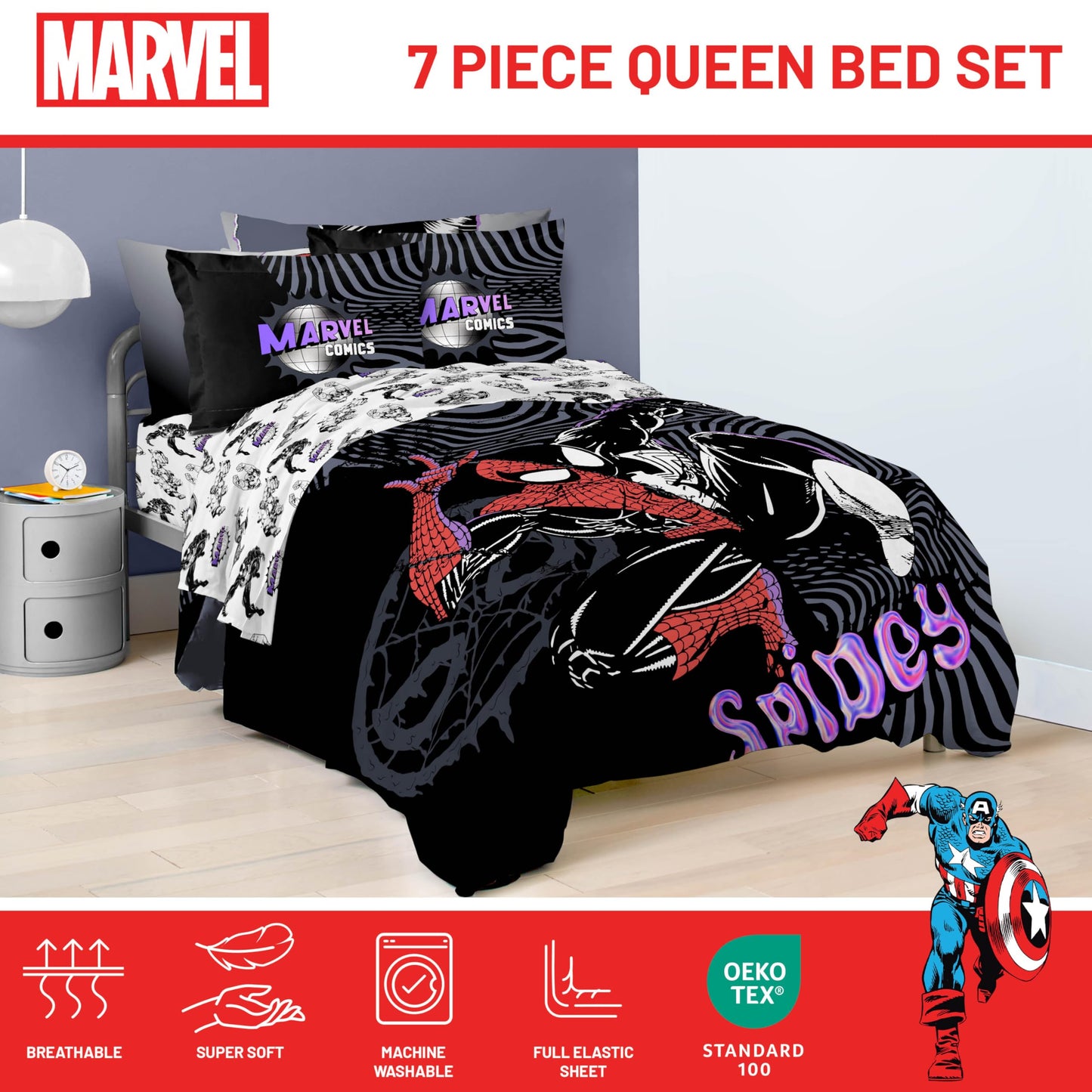 Jay Franco Kids Comforter Set Includes Sheets and Pillow Covers - Soft and Cozy Bed Set for Stylish Room Decor, Black - Marvel Comics, 7 Piece Queen Size Bedding