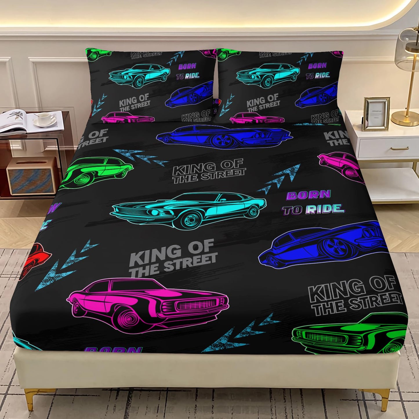 AILONEN Racing Car Fitted Sheet Queen Size, Fast and Furious Extreme Sport Games Bedding Sets for Kids Boys Teens,Cartoon Sports Car Bed Sheet Set,1 Deep Pocket 2 Pillowcases,3 Pcs