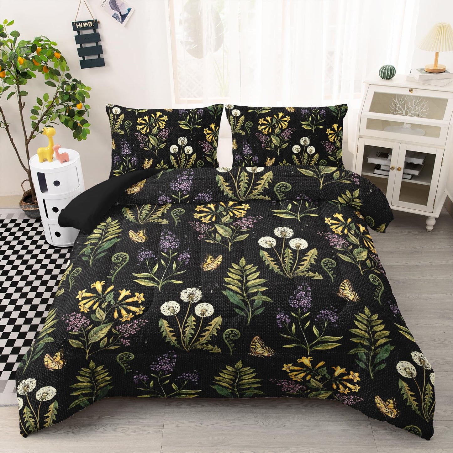 AILONEN Wildflower Meadow Full Comforter Set 3 Piece, Dark Floral Bedding, Yellow Blossom Lavender Leaf Print, Teen Apartment, 2 Pillowcases