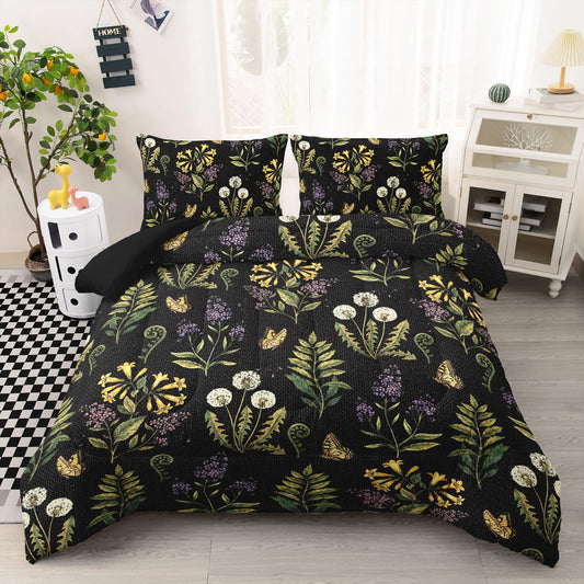 AILONEN Wildflower Meadow Full Comforter Set 3 Piece, Dark Floral Bedding, Yellow Blossom Lavender Leaf Print, Teen Apartment, 2 Pillowcases