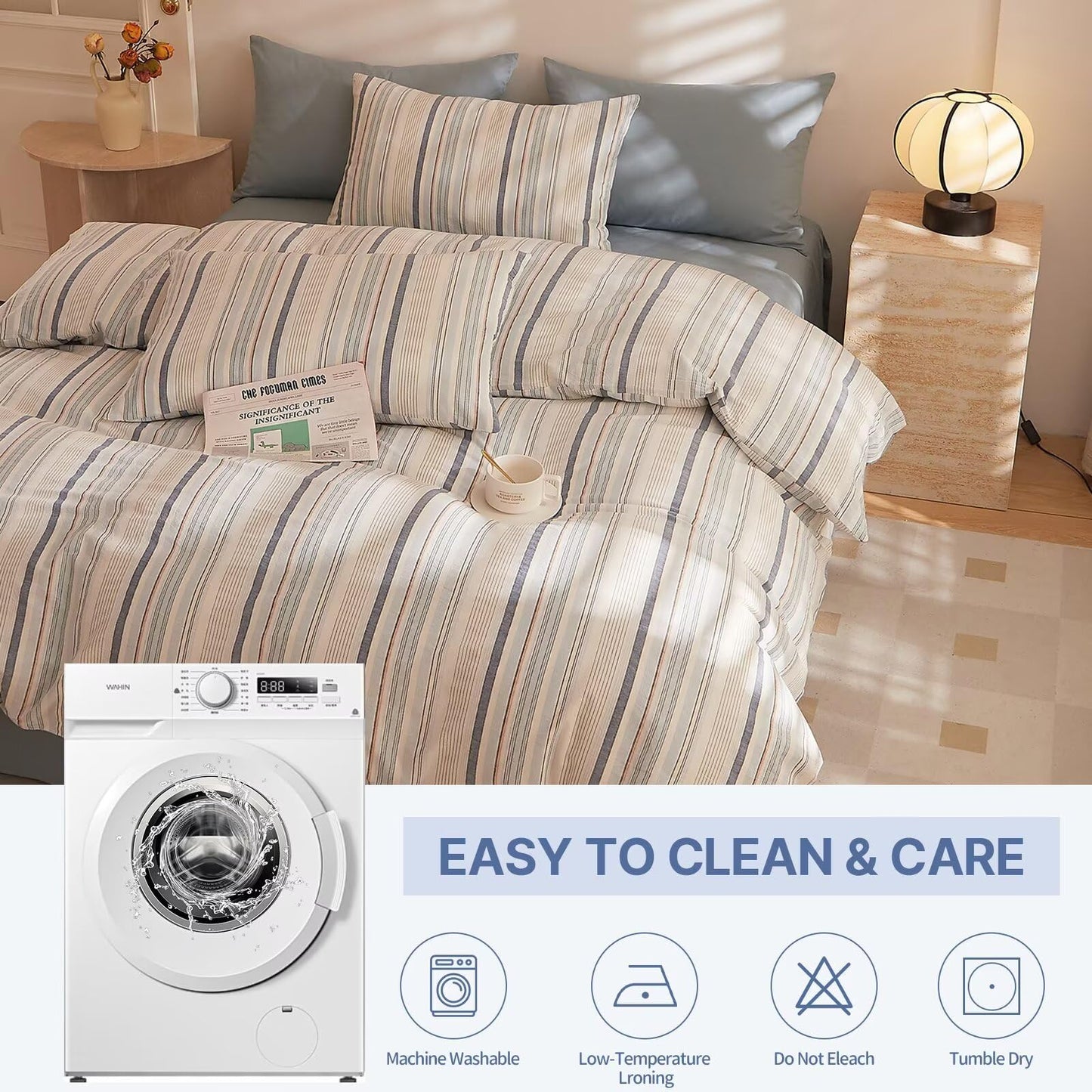 AMZTOP Soft 100 Cotton King Size Duvet Cover Set 3 Pcs,1 Duvet Cover and 2 Pillowcases,Chic Simple Blue Striped Design Bed Set,Zipper Closure Comforter Covers King Size 104"×90"