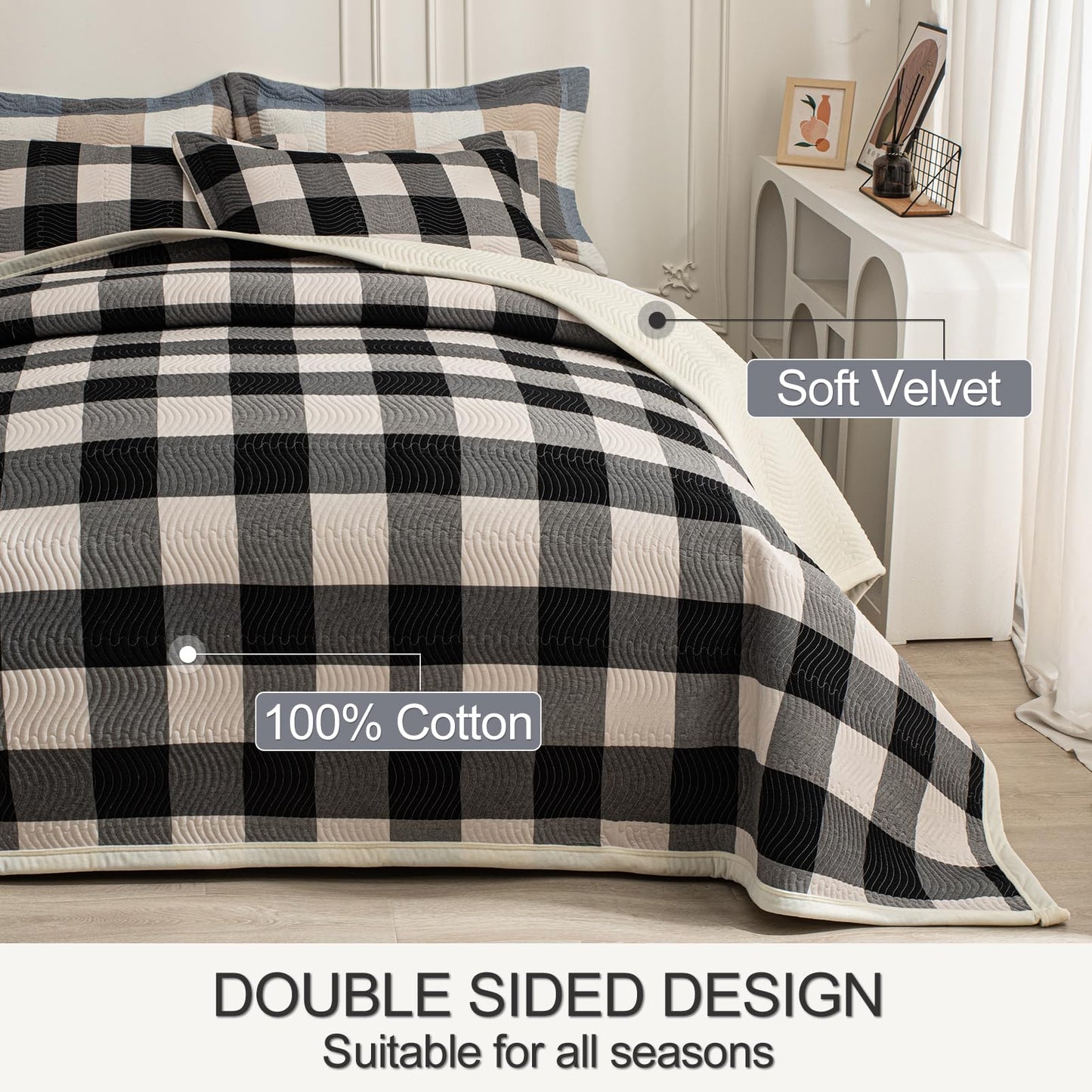 tohrisa Cotton Plaid Quilt Set, Ultra Soft 3 Pieces King Size Bedding with 2 Pillow Shams, Lightweight Reversible Coverlet Bedspread with Wave Quilting for Summer, 108"x96", Grid-Black White
