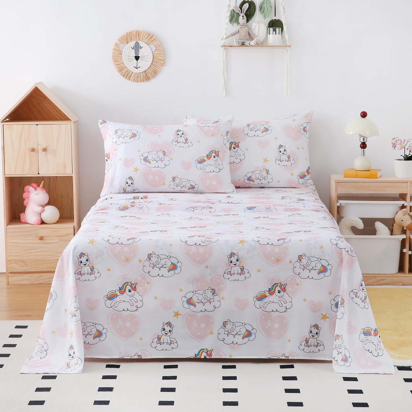 Yibeizi Full Size Sheets Set Kids, Unicorn Pattern Microfiber Double Bed Sheets, Cute Heart Soft Oeko-Tex Extra Deep Pocket Sheets & Pillowcases Cooling Hypoallergenic Wrinkle Free Bedsheets