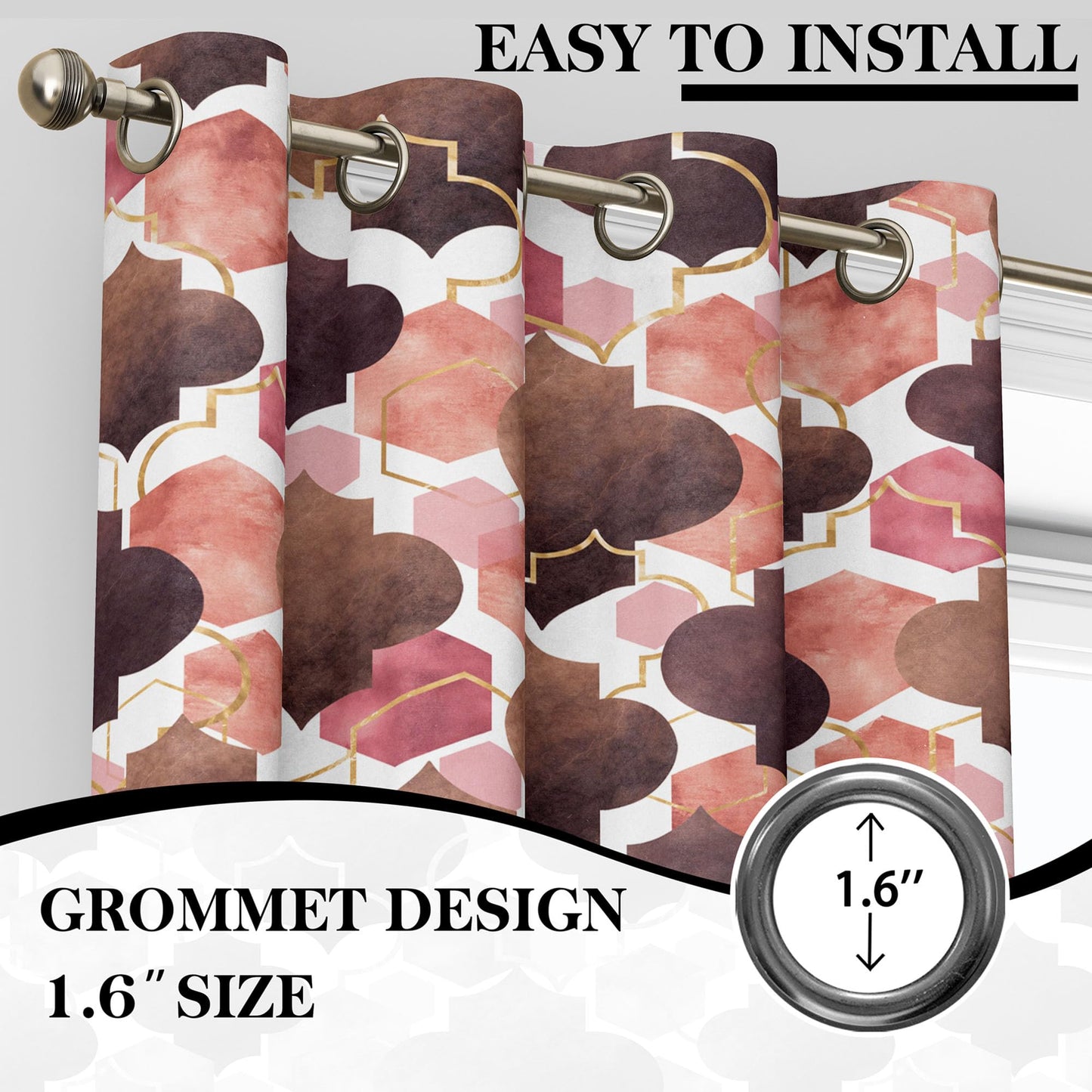 Tyrot Moroccan 100% Blackout Curtains for Bedroom Brown Red Abstract Geometric Black Out Curtains 96 inch Long 2 Panels Set Window Drapes Thermal Room Darkening Curtains for Living Room, 52Wx96L