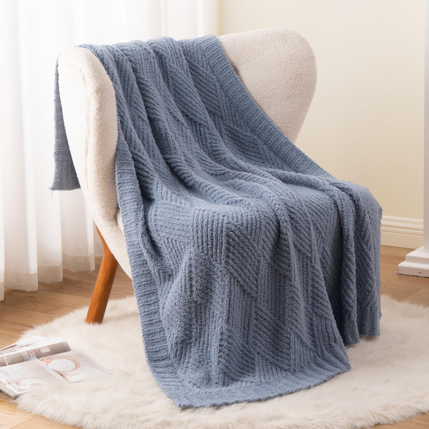 Battilo Dusty Blue Throw Blanket for Couch, Soft Chenille Diamond Knit, Lightweight Cozy Decorative Blanket for Sofa Bed, 50"x60"