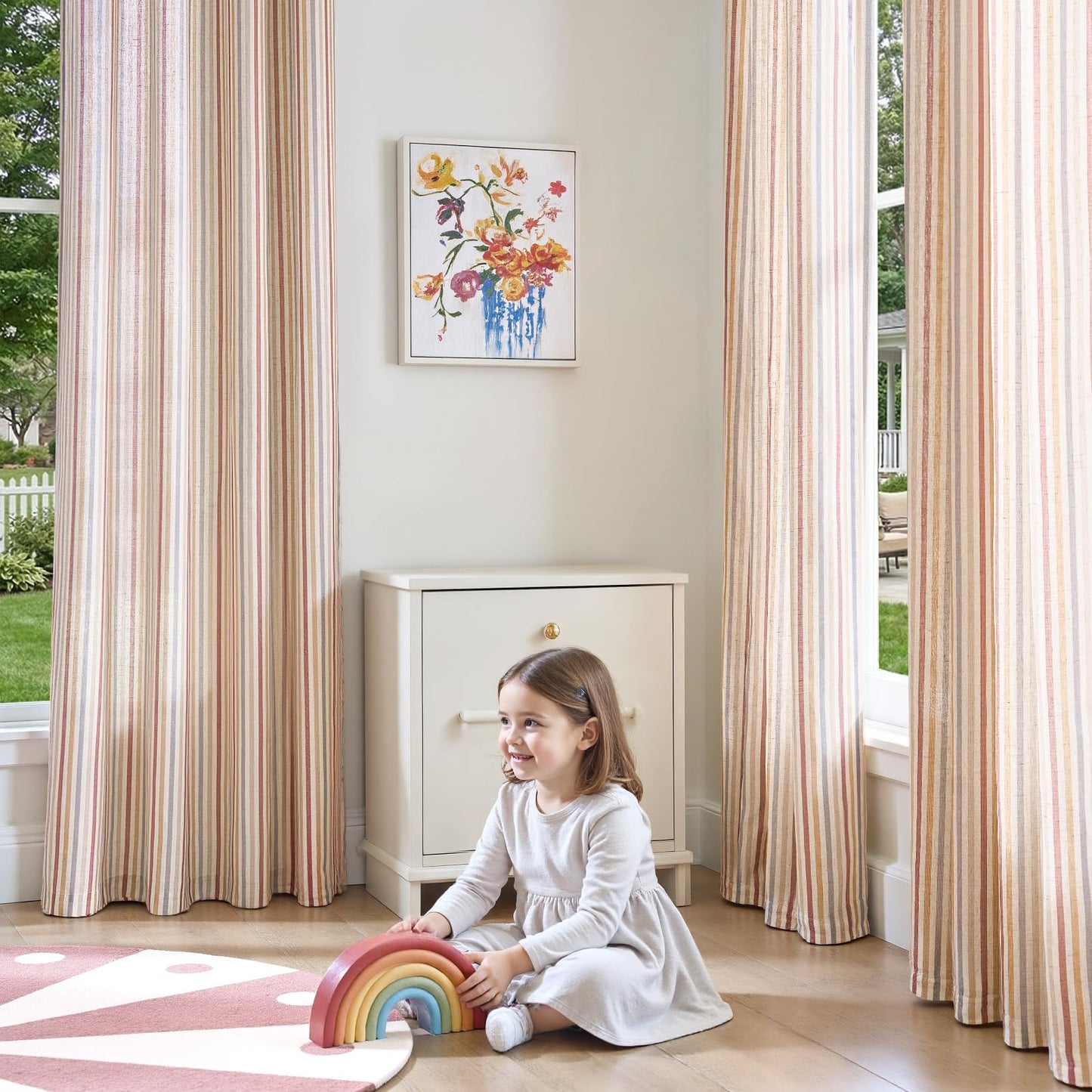 jinchan Linen Curtains for Nursery Bedroom 84 Inch Long Multi Red on Beige Striped Curtains for Living Room Cute Ticking Stripe Farmhouse Baby Girl Kids Room Light Filtering Grommet Drapes 2 Panels