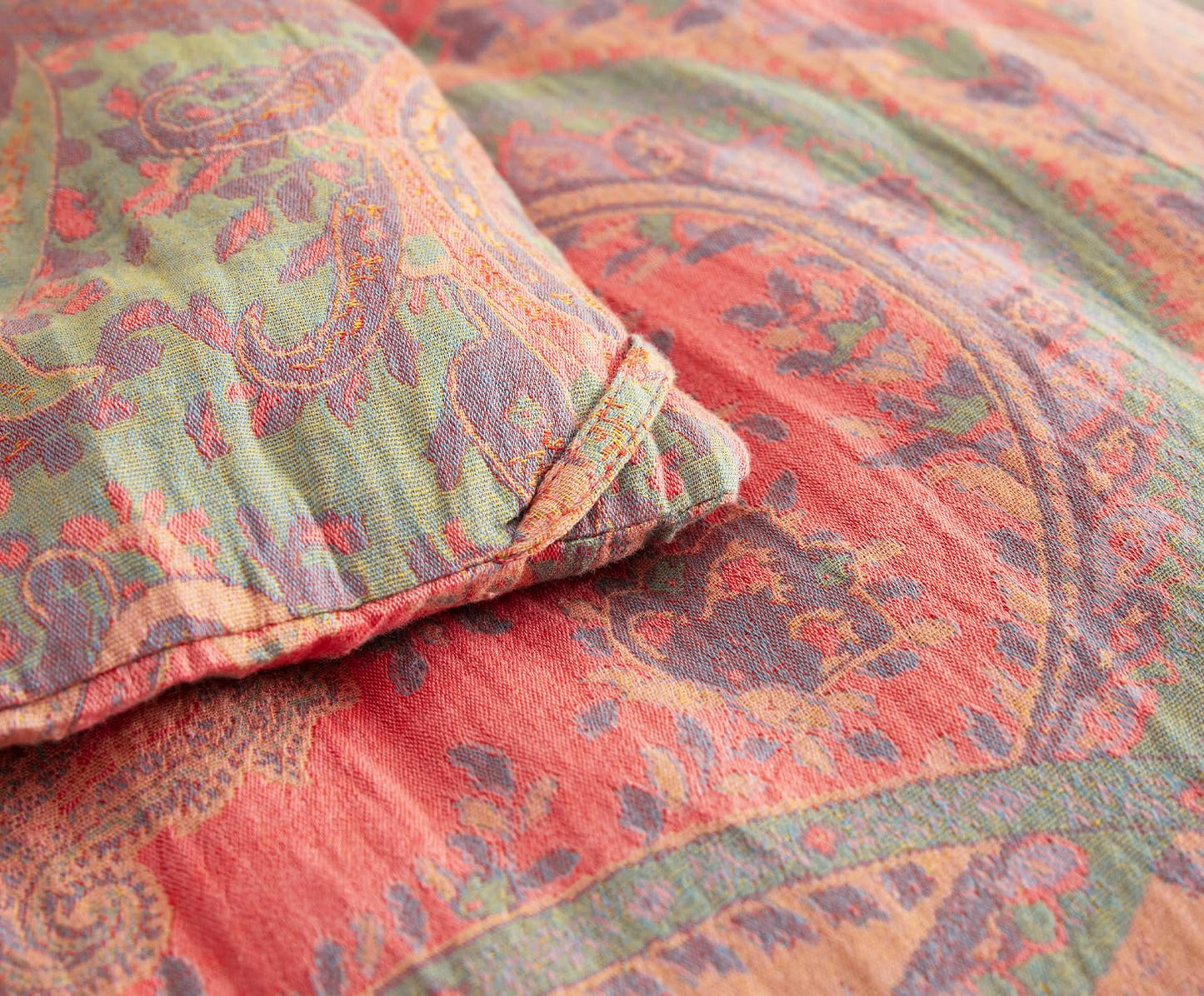 SLEEPBELLA Washed Double Layer Muslin 100% Cotton Comforter Set Queen Size, Paisley Fluffy Thick Checked Bedding Set, Soft Breathable(1 Comforter, 2 Pillow Shams)