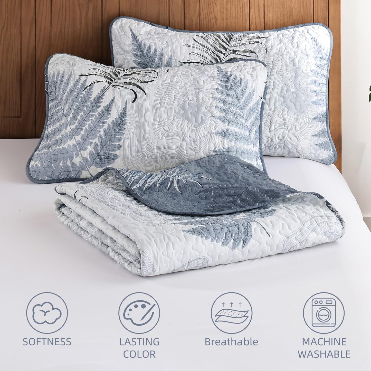 Dinjoy Blue Quilts Set Queen Size, Botanical Bedspread Bedding Set Floral Leaf Pattern Reversible Quilt Coverlet Set 3 Pieces, Summer Bedspread Bed Cover with 2 Pillow Shams for All Seasons