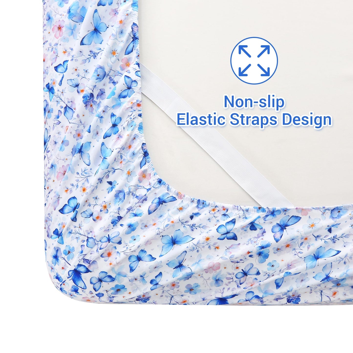 Softan Queen Floral Sheets, Microfiber Blue Flower Printed Fitted Sheets with Non-Slip Corner Straps and 15" Deep Pocket, Butterfly Patterned Cozy Bed Sheets & Pillowcase Sets