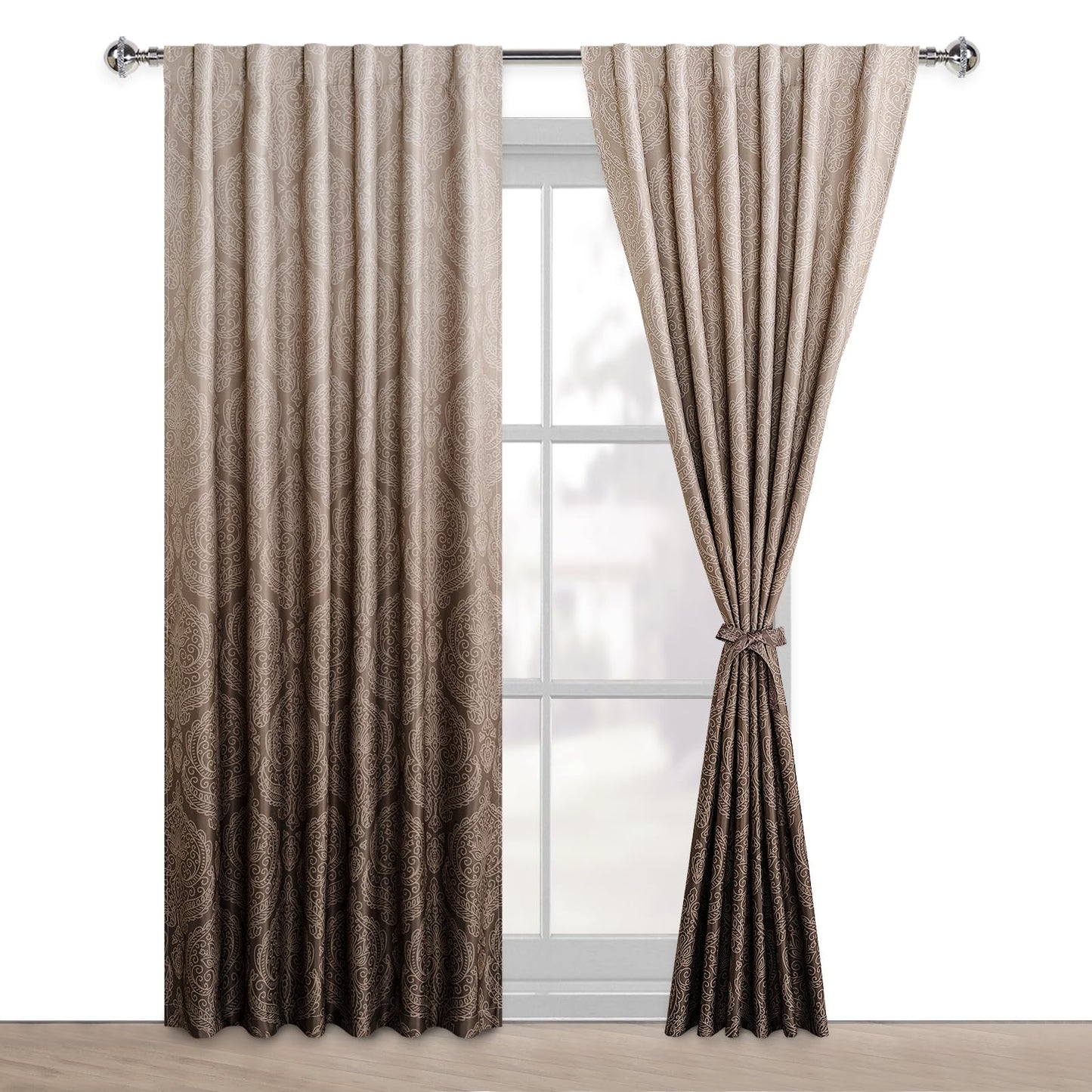 DWCN Brown Blackout Curtains 84 inches Length - Ombre Damask Patterned Back Tab/Rod Pocket Window Drapes with Tiebacks Thermal Insulted Curtains for Bedroom/Living Room, 2 Panels, W52 x L84