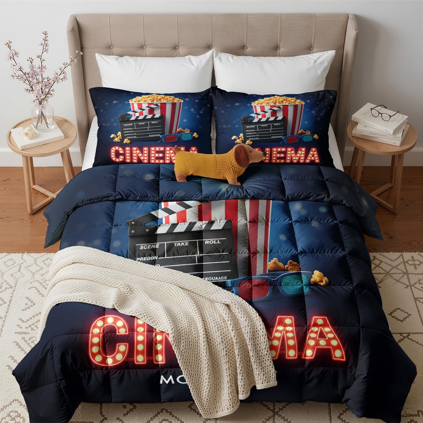Movie Theater Comforter Set Twin Size 2 Pcs - All Season Comforter & Pillowcase, Popcorn Cinema Bedding Set, Soft Lightweight Down Alternative Duvet Insert, Clapperboard Bedroom Decor