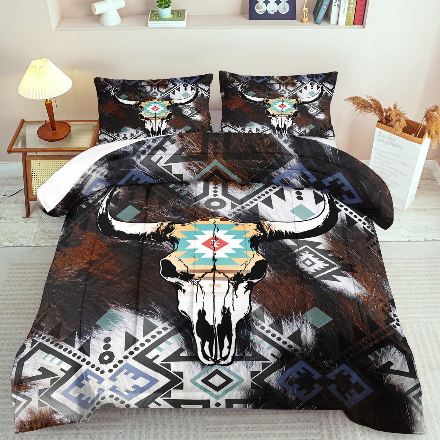 llyxsesty Western Comforter Set Queen,Shabby Chic Bedding Sets Queen,Boho Comforter Farmhouse Bedroom Decor,Cow Skull Western Quilt Cowboy Party Decorations,Cowboy Farmhouse Quilt for Boy