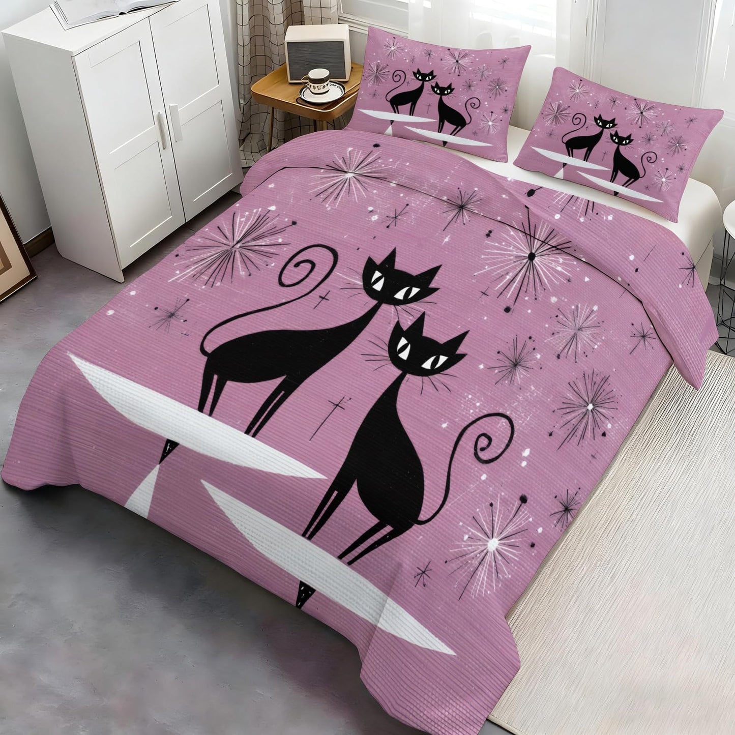 ZAMODE Cat Comforter Cover Oversized King Size 120" x 98", Mid Century Atomic Black Cat Duvet Cover, Abstract Black Kitten Bedding Set with 2 Pillowcases
