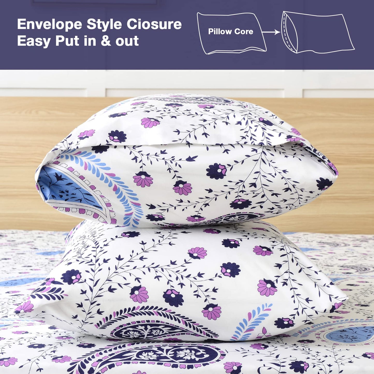 JSD 6 Piece Purple Paisley Sheet Set Queen Size, Soft Printed Microfiber Sheets with 4 Pillowcases Deep Pocket
