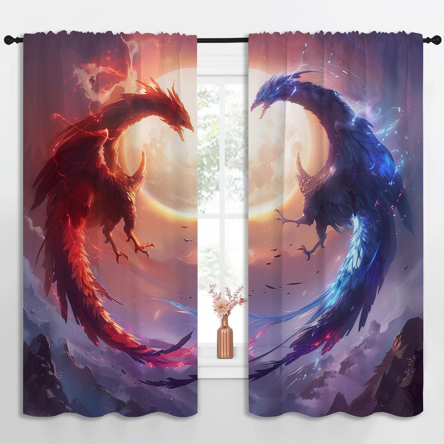 PYMATYTN Red Blue Dragon Blackout Curtains for Boys Girl Bedroom Decor,Fantasy Creature Abstract Art Thermal Insulated Rod Pocket Drapes Darkening Window Curtain for Living Room Home 55x63 inch