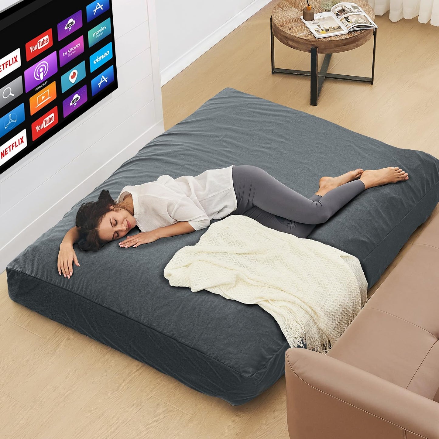 Bean Bag Chairs for Adults - Giant Bean Bag Chair Convertible Bean Bag Bed - Beanbag Chair with Micro Fiber Cover/Furniture Foam Filler - Floor Couch Sofa in Bedroom Dorm Room - Full Charcoal