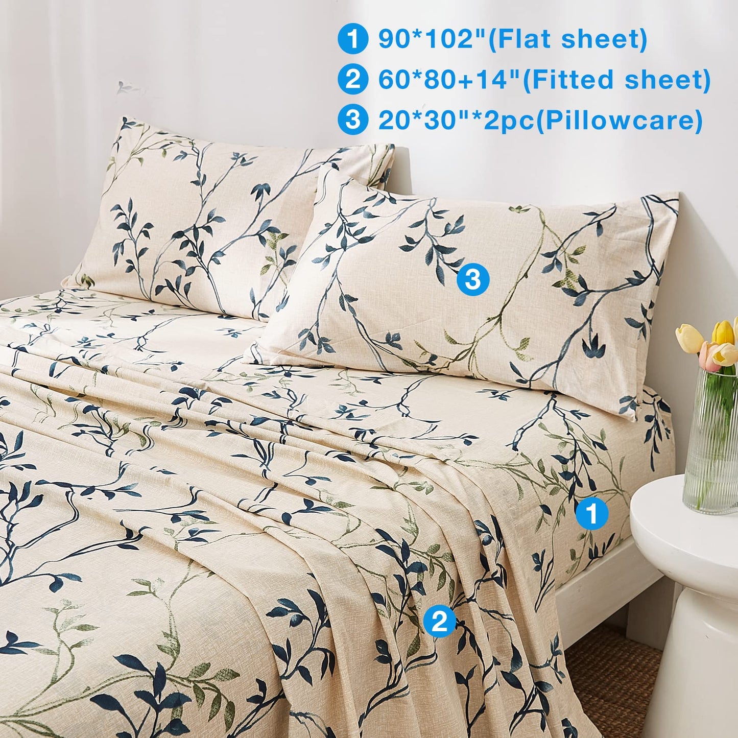 JSD Beige Leaves Printed Sheet Set Queen Size, 4 Piece Botanical Pattern Microfiber Sheets Extra Deep Pocket