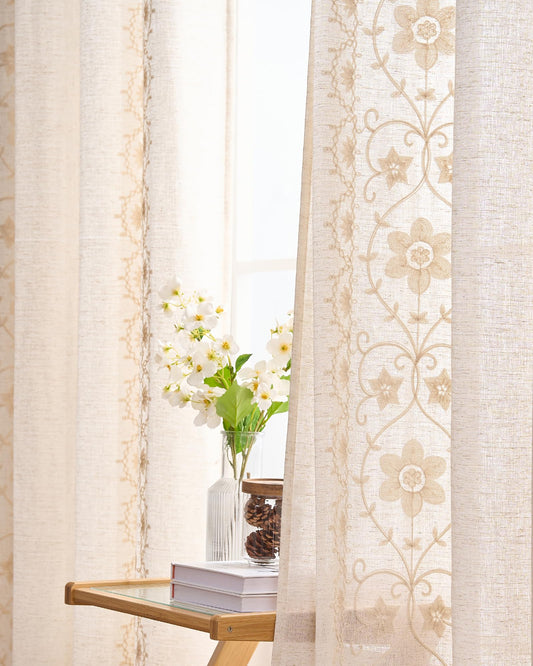 Beige Farmhouse Curtains for Living Room Ivory Boho Linen Curtains 84 Inches Long 2 Panels for Bedroom Vintage Floral Embroidered Drapes Cream Light Filtering Grommet Window Drapes Ivory on Beige