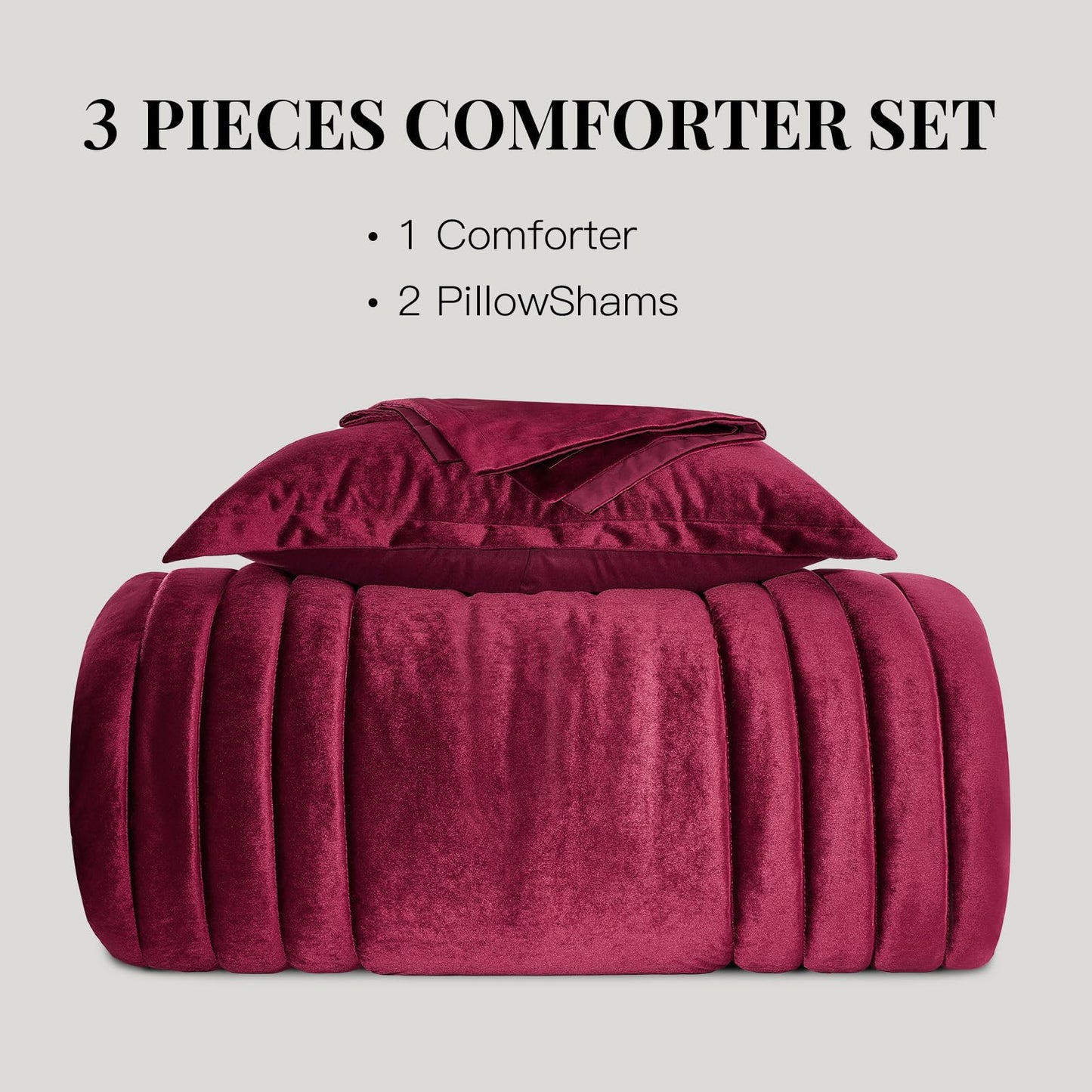Bedding Velvet King Comforter Sets: Burgundy 3 Pieces Luxury Ultra Soft Bed Set Suitable for All Seasons - Cozy Striped Modern Rustic Lightweight Men Women Bedroom King Size Comforters with 2 Shams