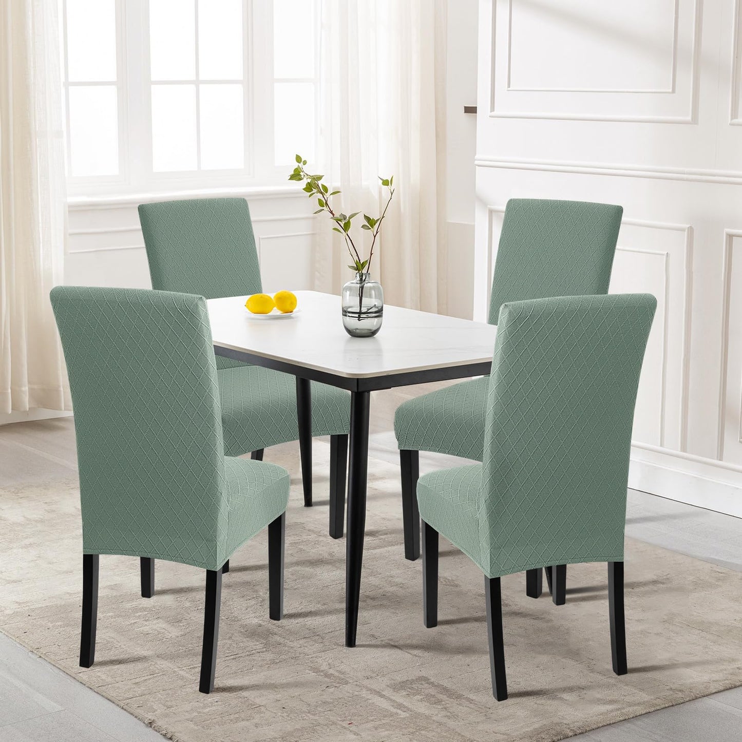 SearchI Dining Room Chair Covers Set of 4, Stretch Jacquard Parsons Chair Slipcovers Removable Washable Kitchen Chair Protector Cover for Dining Room, Hotel, Ceremony (Sage Green Rhombus)