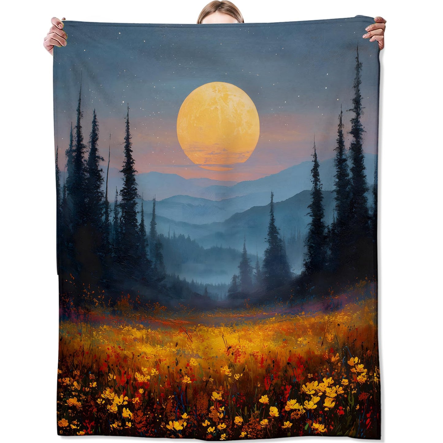 Zeleda Moon Blanket, Gifts for Nature and Forest Lovers, Lightweight Flannel Throw Blankets, Wildflower Field and Golden Full Moon Artistic Throws Home Decor, for Couch Living Room Office, 60x50inch