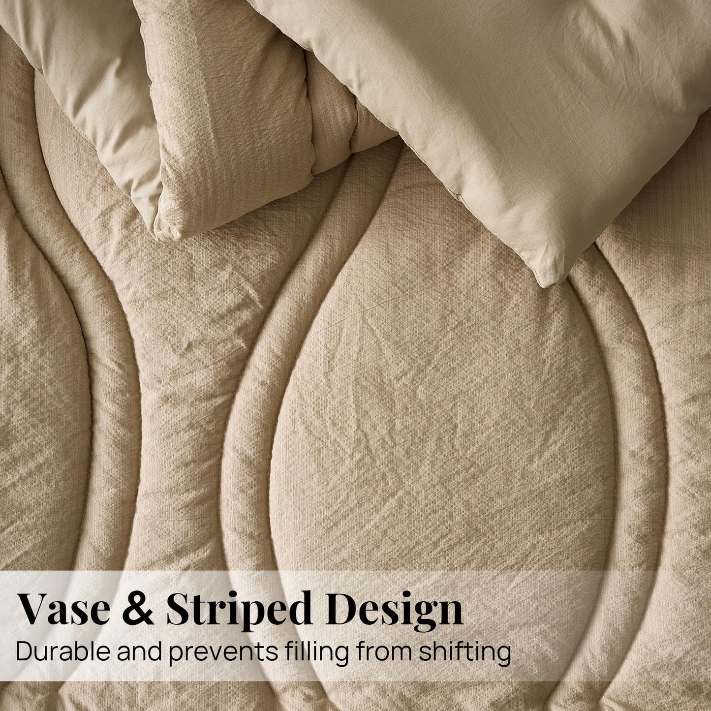 King Size Comforter Set 3 Pieces: Taupe Quilted 104"X90" Comforter With Vase Striped Pattern Design- Modern Dark Khaki Cozy Fluffy Soft All Seasons Jacquard Bed Set with 2 Pillow Shams for Bedroom