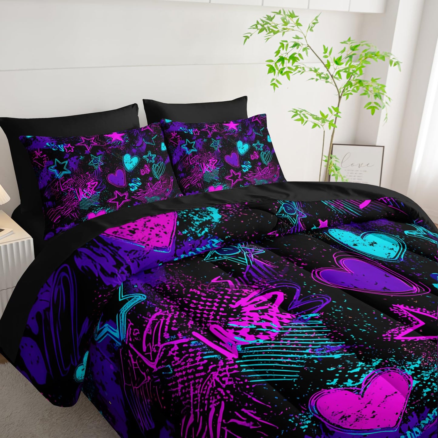 Nttopship Purple Stars Comforter Set Full Size 7PCS,Galaxy Starry Printed Bedding Set,Purple Stars Room Decor Ultra-Soft Lightweight All Seasons with Pillowcases,Flat, Fitted Sheet