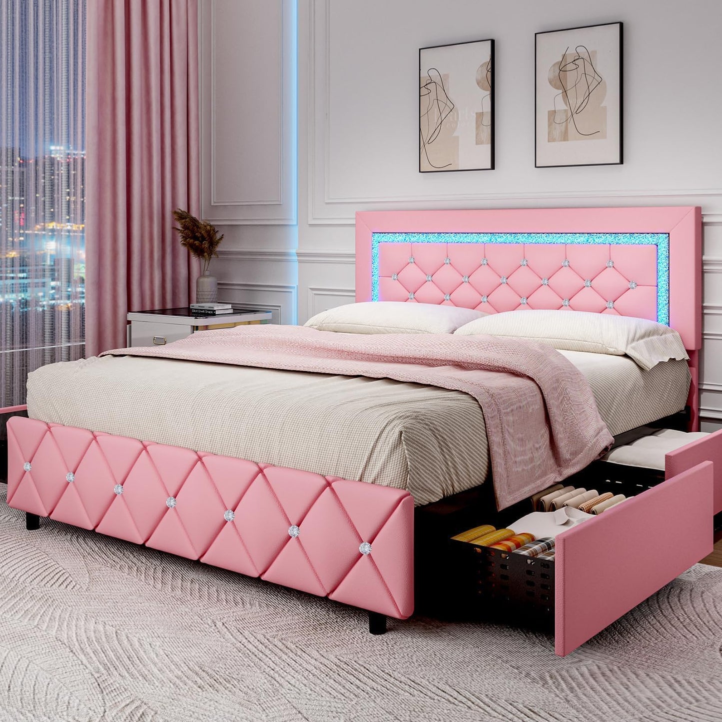BarnFurin Full Size Bed Frame with LED Lights, Upholstered Bed Frame with Storage Drawers, Princess Platform Bed with Diamond Headboard and Footboard, No Box Spring Needed, Pink