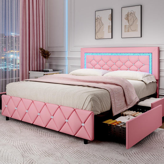 BarnFurin Full Size Bed Frame with LED Lights, Upholstered Bed Frame with Storage Drawers, Princess Platform Bed with Diamond Headboard and Footboard, No Box Spring Needed, Pink