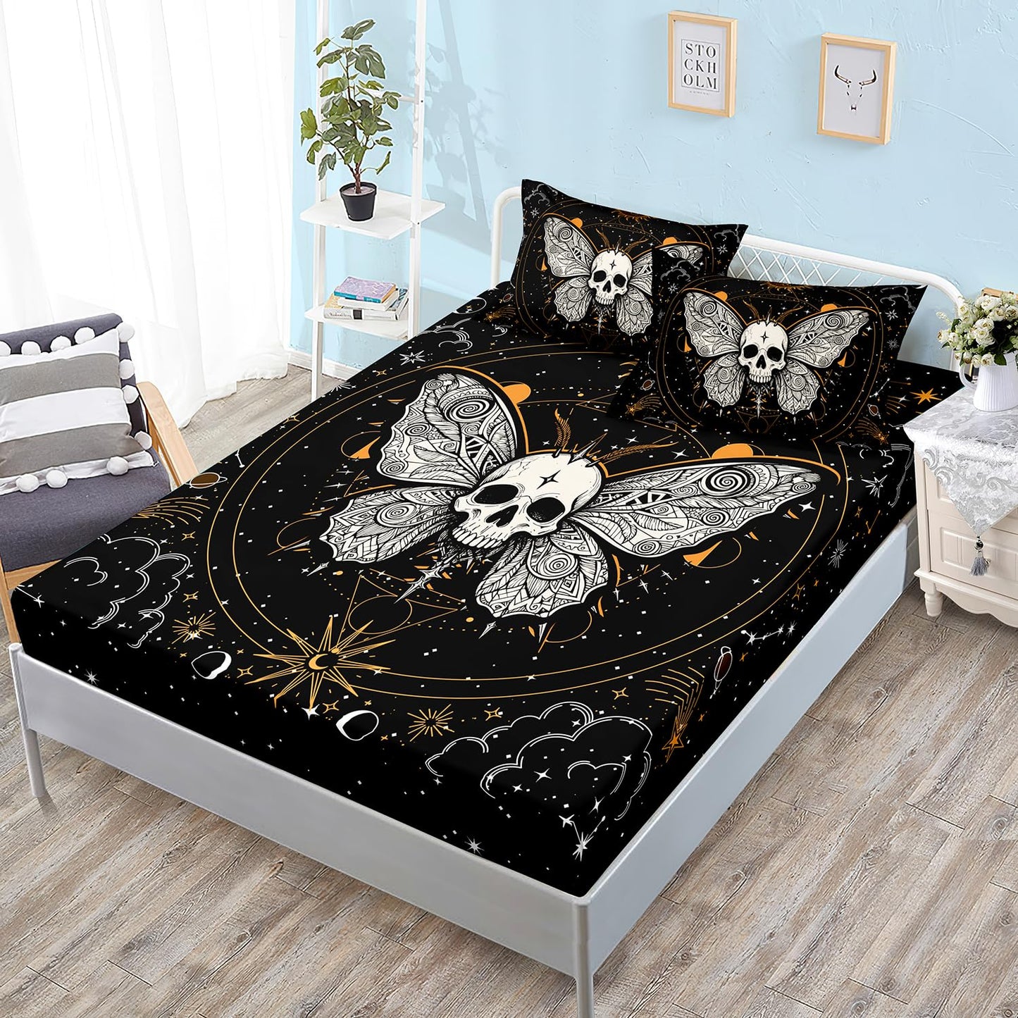 HOSIMA Butterfly Bedding Set for Girls Bedroom Set,Gothic Decor Twin Fitted Sheet Skull Boho Sun and Moon Pattern Queen Size,1 Sheet+2 Pillowcases. Yellow-a Full 55''*75''