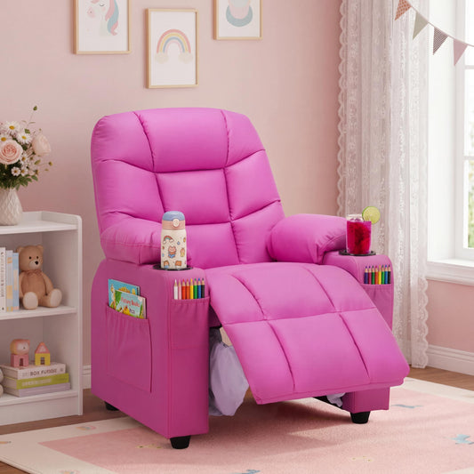 Donut Larger Kids Reclining Chair PU Leather Recliner Sofa Push Back Lounge Children Toddler Boys Girls Ages 3-12 with Dual Cup Holders and 4 Pockets