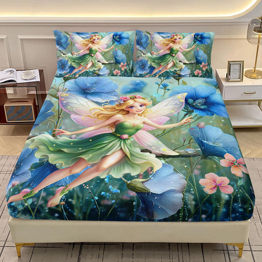 AILONEN Floral Fairy Twin XL Sheet Set,Pretty Green Butterfly Fairy Bedding Set for Girls Kids,Blue Flower Bed Sheets Set for All Season,3-Piece,1 Deep Pocket + 2 Pillowcase,Soft Microfiber