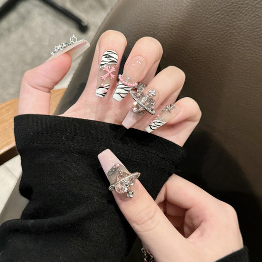 NLSJMP 3D handmade nails press on false nails,Thick Strong Waterprooft long square pink white, big heart rhinestone cross star cute acrylic fake nails designed kit,10 Nails Size L #95