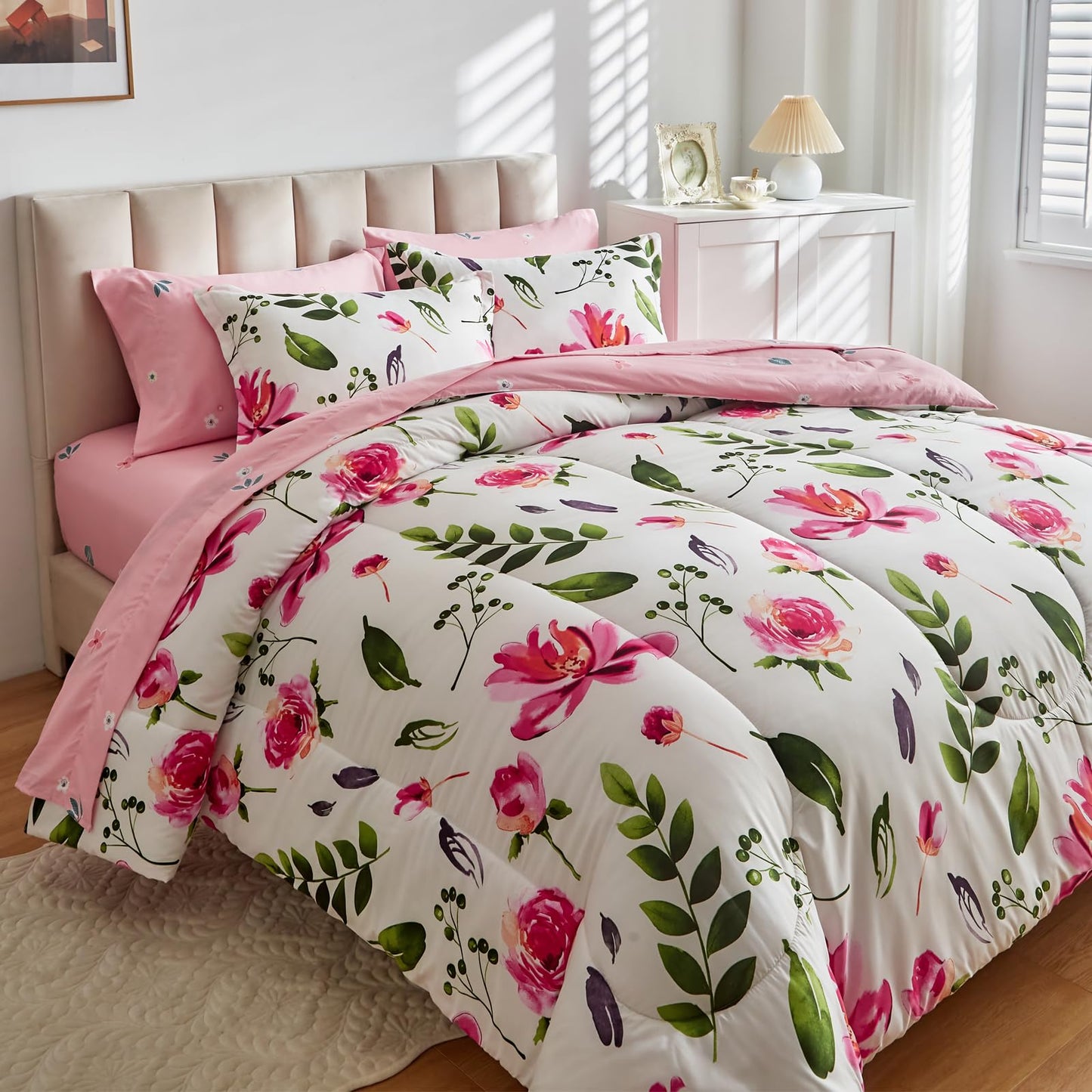 Floral Comforter Sheet Set 7 Pieces Bed in a Bag Queen Size White with Green Leaves Pink Flowers Reversible Bedding Set (1 Comforter 2 Pillow Shams 1 Flat Sheet 1 Fitted Sheet 2 Pillowcases)