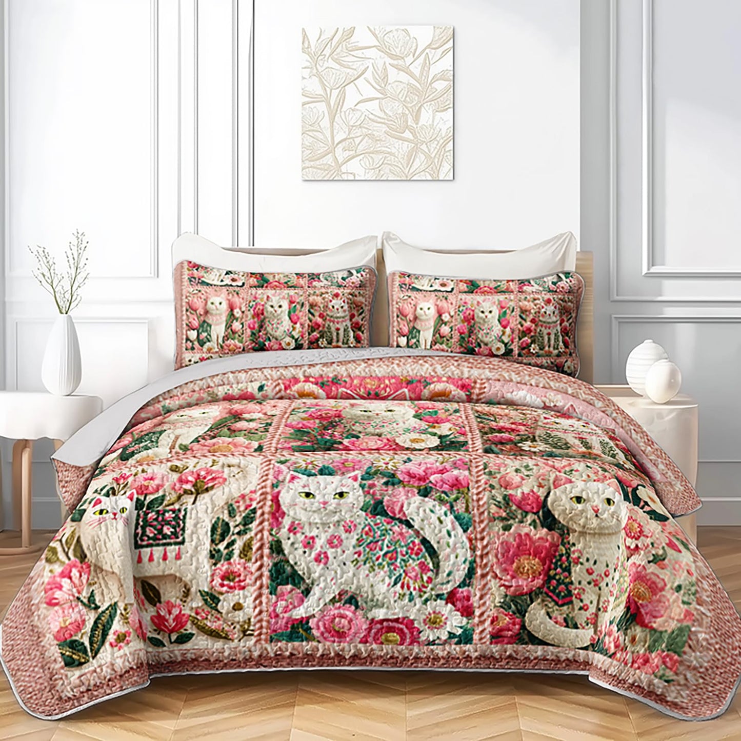 AILONEN Floral Cat Quilted Bedding Set King Size - Pink Cat Bedspread Coverlet,3-Piece Printed Bedding for Kids Girls Room Decor,Soft Microfiber Quilt,2 Pillowcases