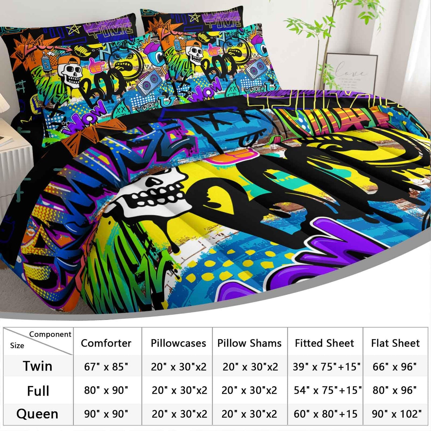 AILONEN Cartoon Skull Bedding Set Full Size 7Pcs - Hip Hop Graffiti Bed in a Bag Soft Microfiber,Colorful Comforter & Fitted Sheet & Flat Sheet & 2 Pillowcases,2 Pillow Shams