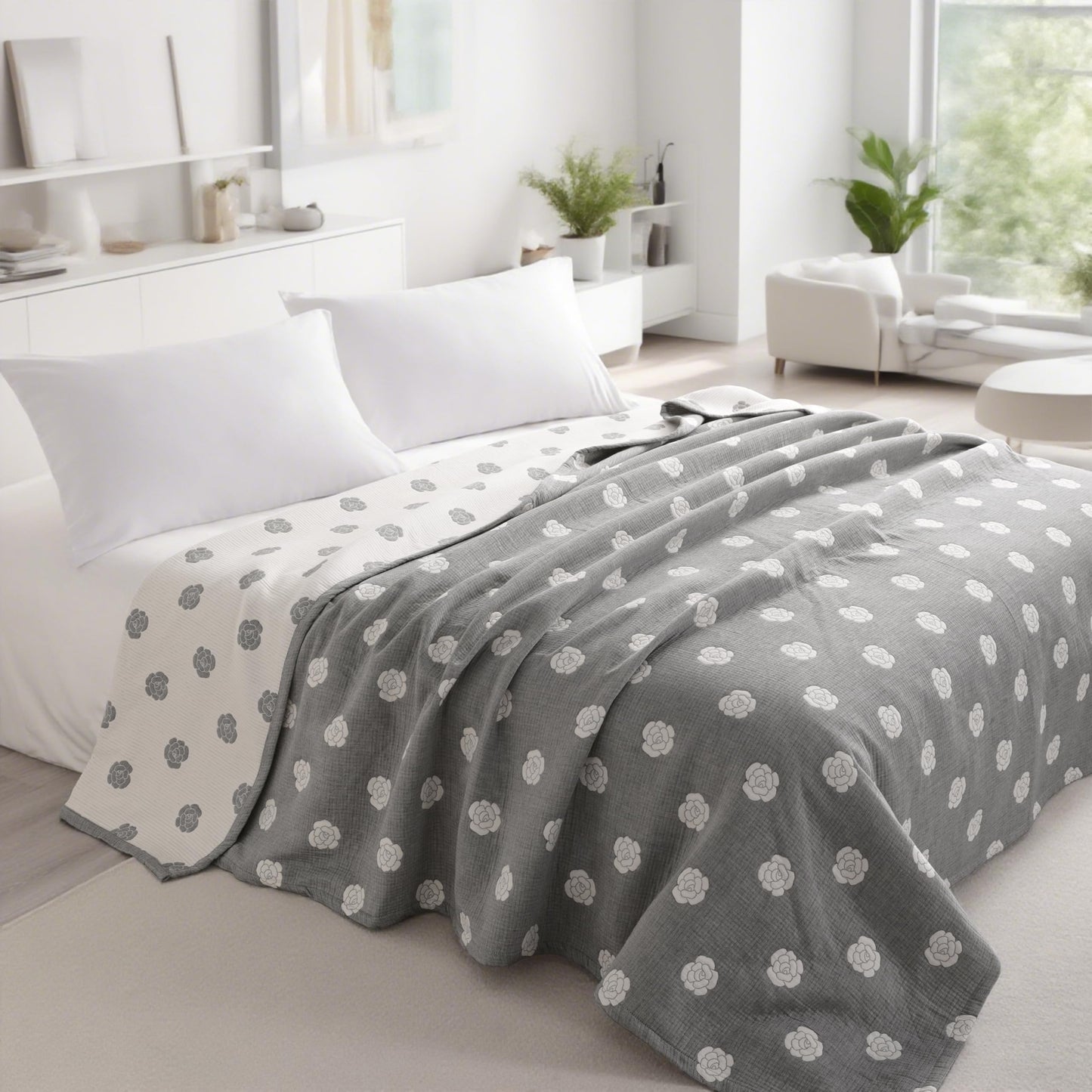 NTBAY 3 Layers Cotton Muslin 106x92 King Bed Blanket, Super Soft Breathable Thermal Yarn Dyed Quilt for Adults, Perfect Lightweight Blanket for Couch Sofa Bed All Seasons, Grey Rose