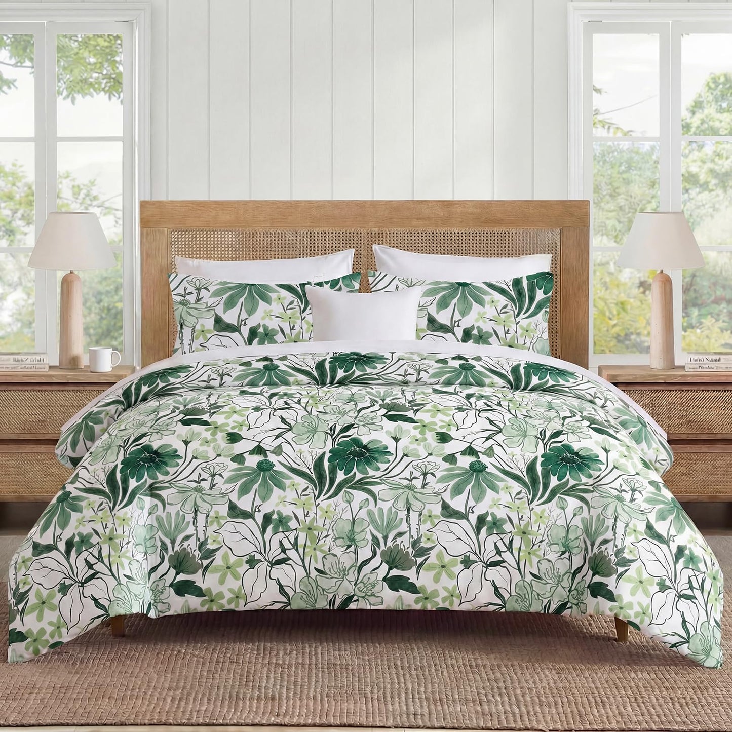 MOVE OVER Green Floral Duvet Cover Queen Size, 100% Cotton Duvet Cover Set with Zipper Closure & Corner Ties, Soft Breathable Line Art Botanical Duvet Cover Set for All Seasons
