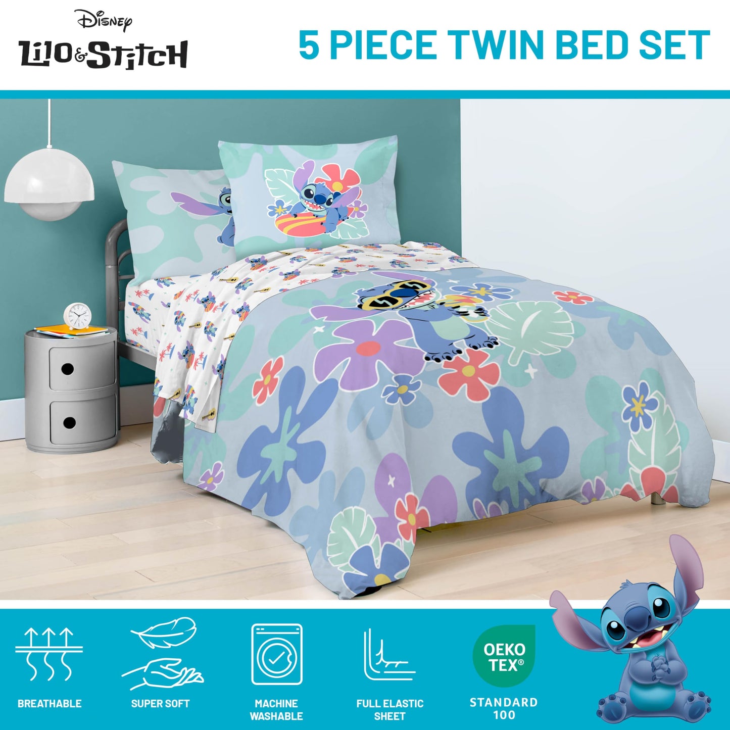 Jay Franco Disney Lilo and Stitch Twin Size Comforter Set - 5 Piece Bedding Includes Sheet Set & Pillow Covers - Super Soft Tropical Bedding